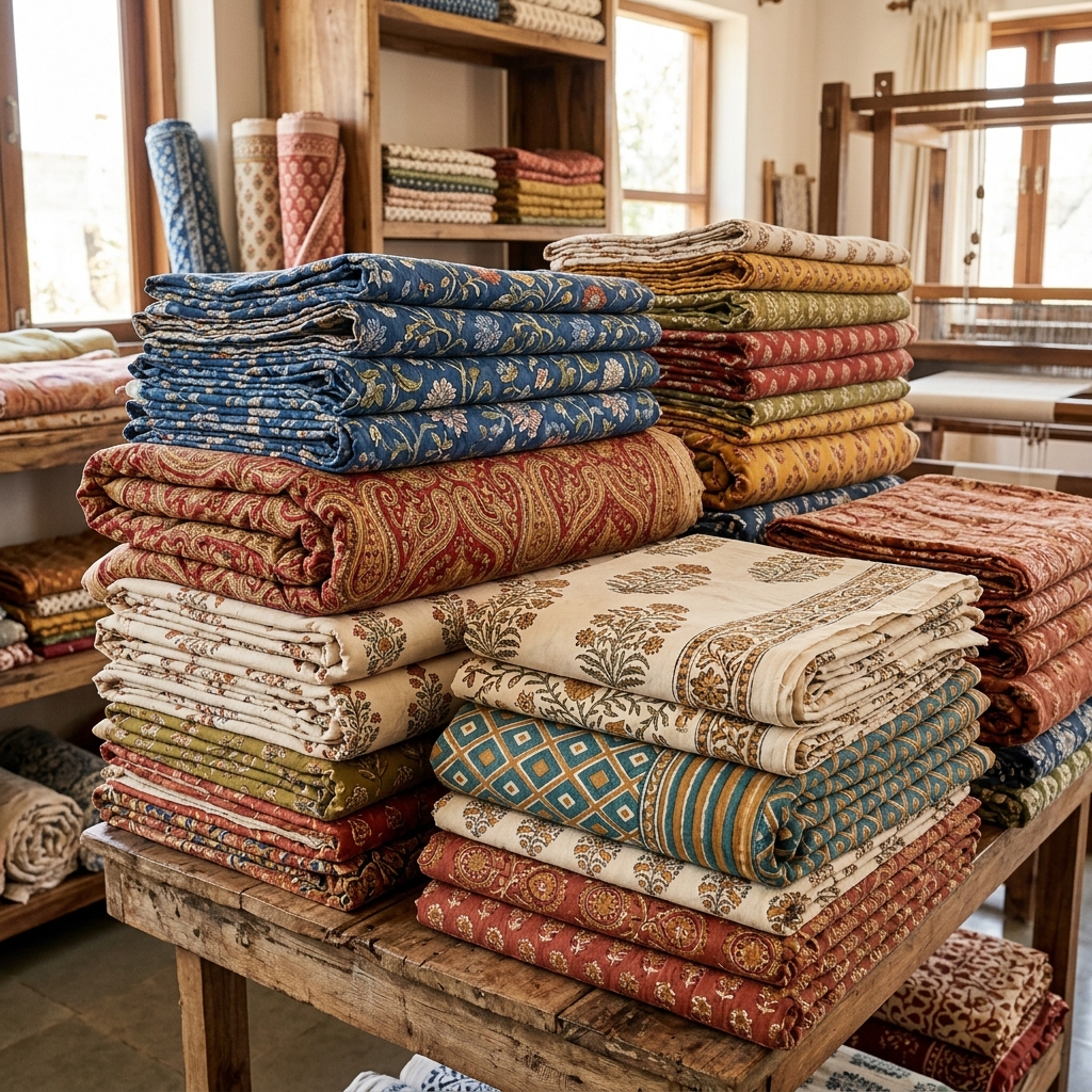 Hand-block printed textiles collage
