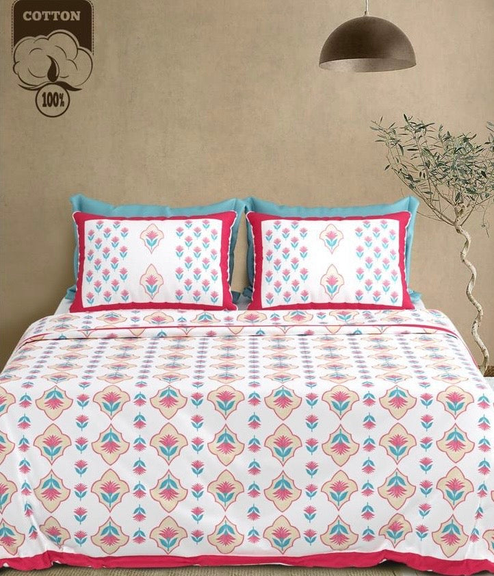 Floral Block Print Cotton Bedsheet with 2 Pillow Covers
