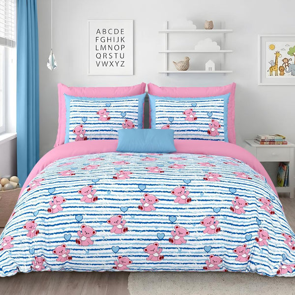 Kids Teddy Bear Cotton Bedsheet Set with Pillow Covers | Soft &amp; Breathable Bedding