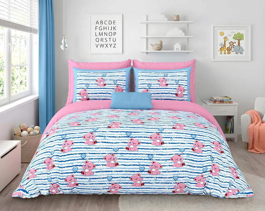 Kids Teddy Bear Cotton Bedsheet Set with Pillow Covers | Soft &amp; Breathable Bedding
