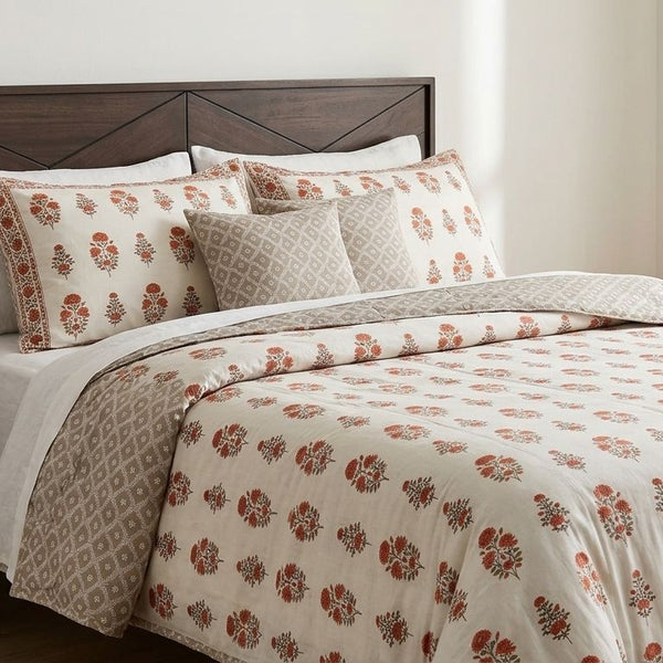 Rust Floral Hand Block Print Cotton Dohar | Reversible Mulmul Cotton Summer Blanket