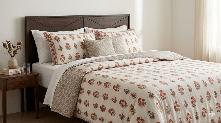 Rust Floral Hand Block Print Cotton Dohar | Reversible Mulmul Cotton Summer Blanket
