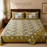 Premium Floral Block Print Cotton Bedsheet with 2 Pillow Covers | King Size | Soft & Breathable