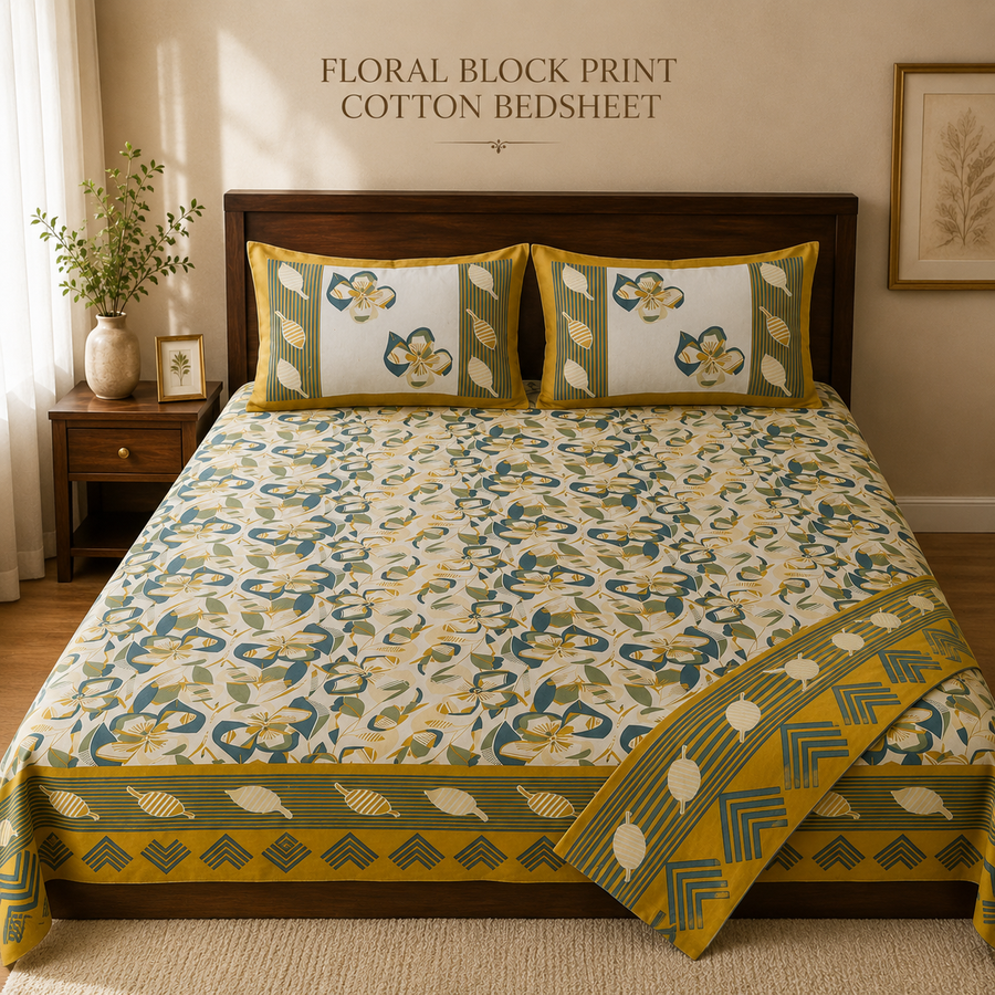 Premium Floral Block Print Cotton Bedsheet with 2 Pillow Covers | King Size | Soft & Breathable