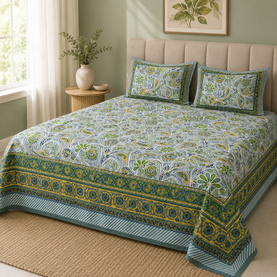 Spring Bloom Paisley Cotton Bedsheet with Pillow Covers